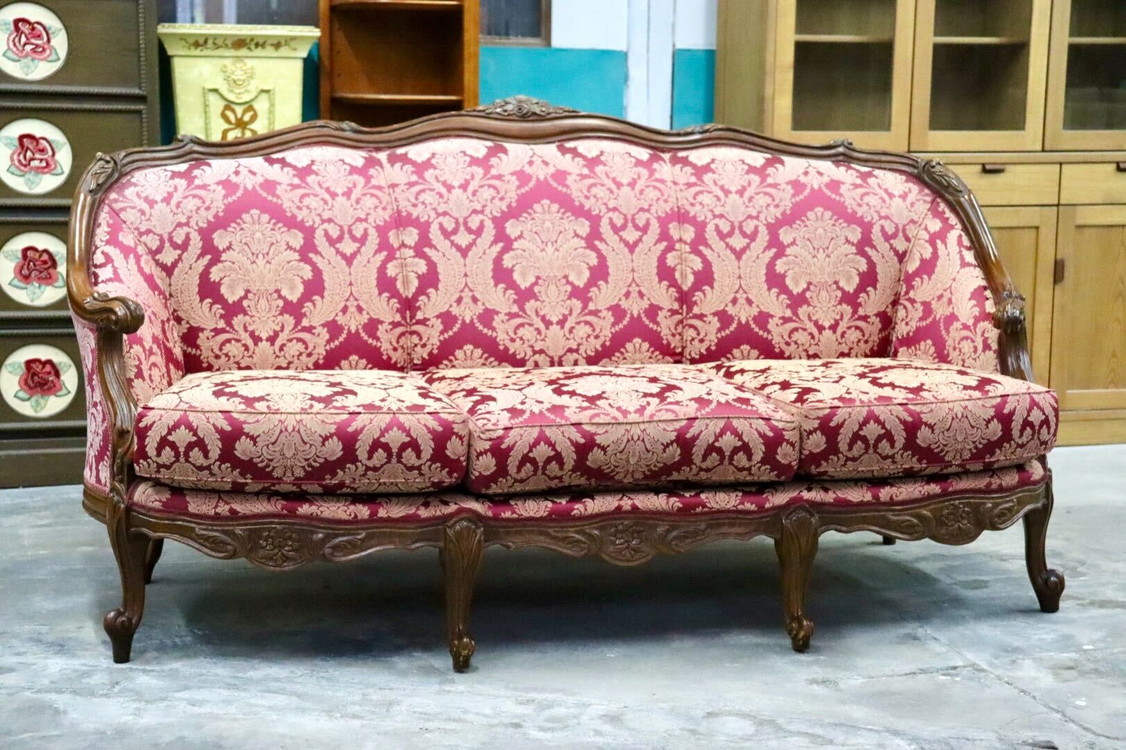 GMIK720A○イタリア製 3人掛けソファ トリプルソファ 長椅子 ファブリック 金華山 ロココ調 彫刻 ヨーロピアン クラシック エレガント