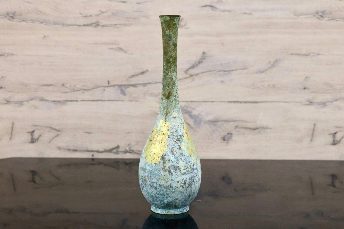 GMJH332BG◯峰雲作 鶴首花瓶 花器 花生 花入 一輪挿し 鋳銅 純金箔 置物 インテリア 陶器 共箱 和モダン
