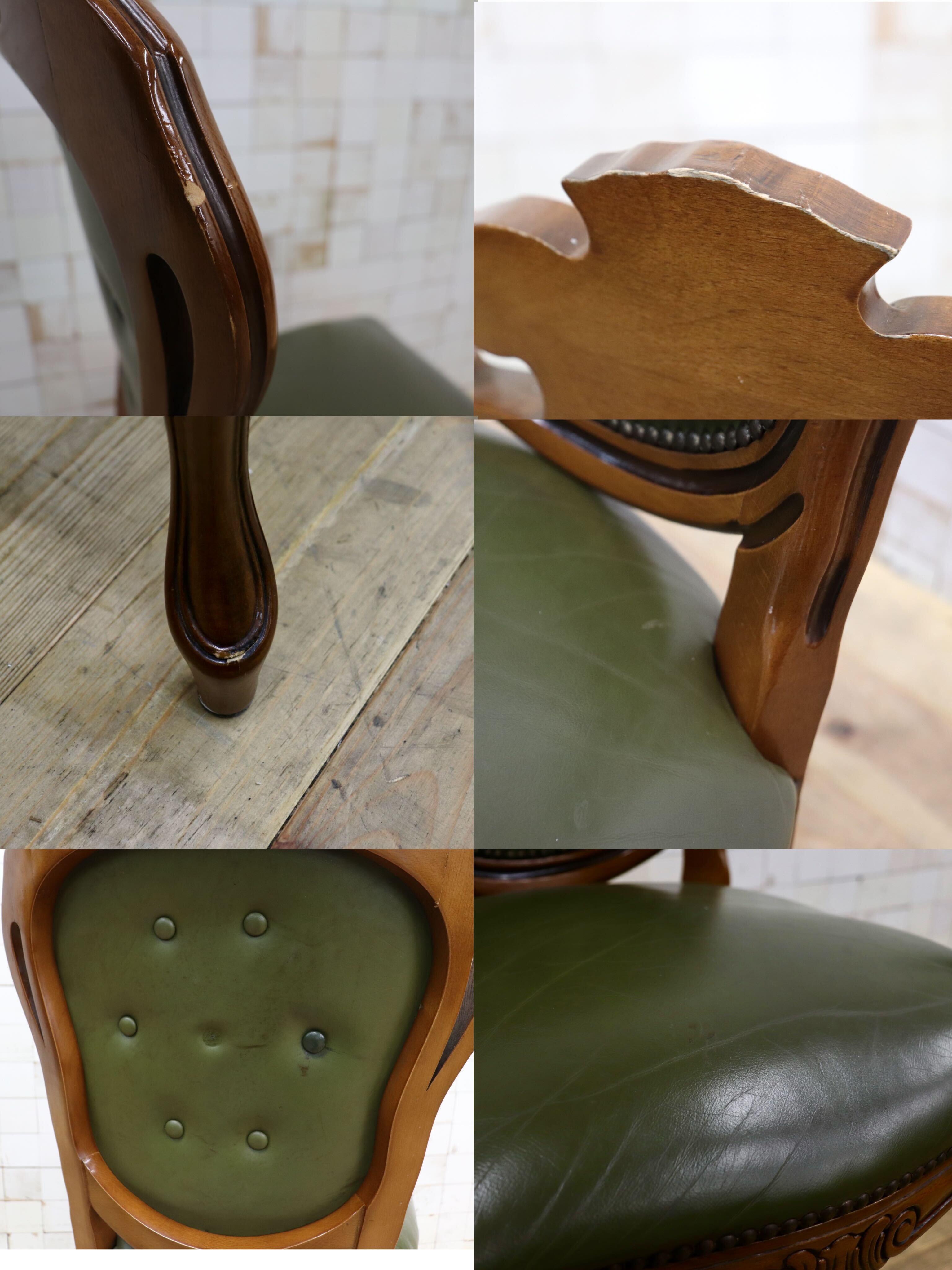 GMIK882B〇イタリア ダイニングチェア 食卓椅子 アームレスチェア レザー 鋲打ち 彫刻 猫脚 アンティーク エレガント ヨーロピアン ロココ