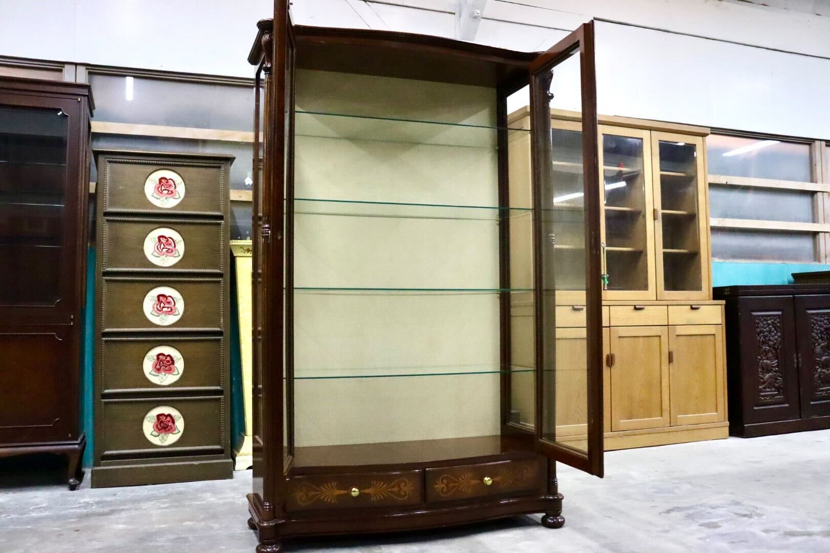 GMIH374○イタリア製 キュリオケース ガラスキャビネット 飾り棚 ショーケース コレクションボード 輸入家具 象嵌細工 最高級 美品