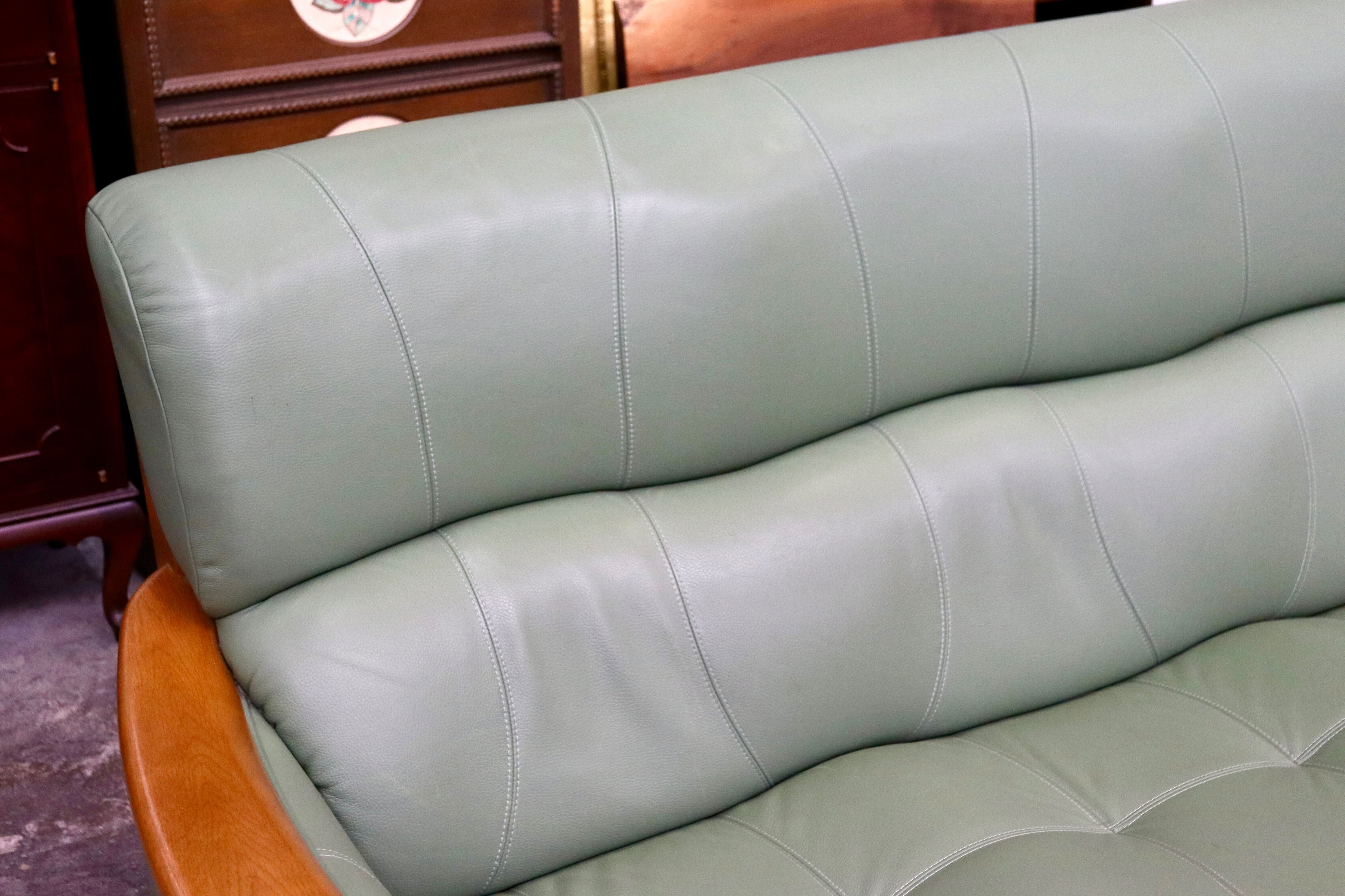 GMIS575A○浜本工芸 / HAMAMOTO 3人掛けソファ トリプルソファ 長椅子 本革 グリーン 楢材 国産家具 定価約29万