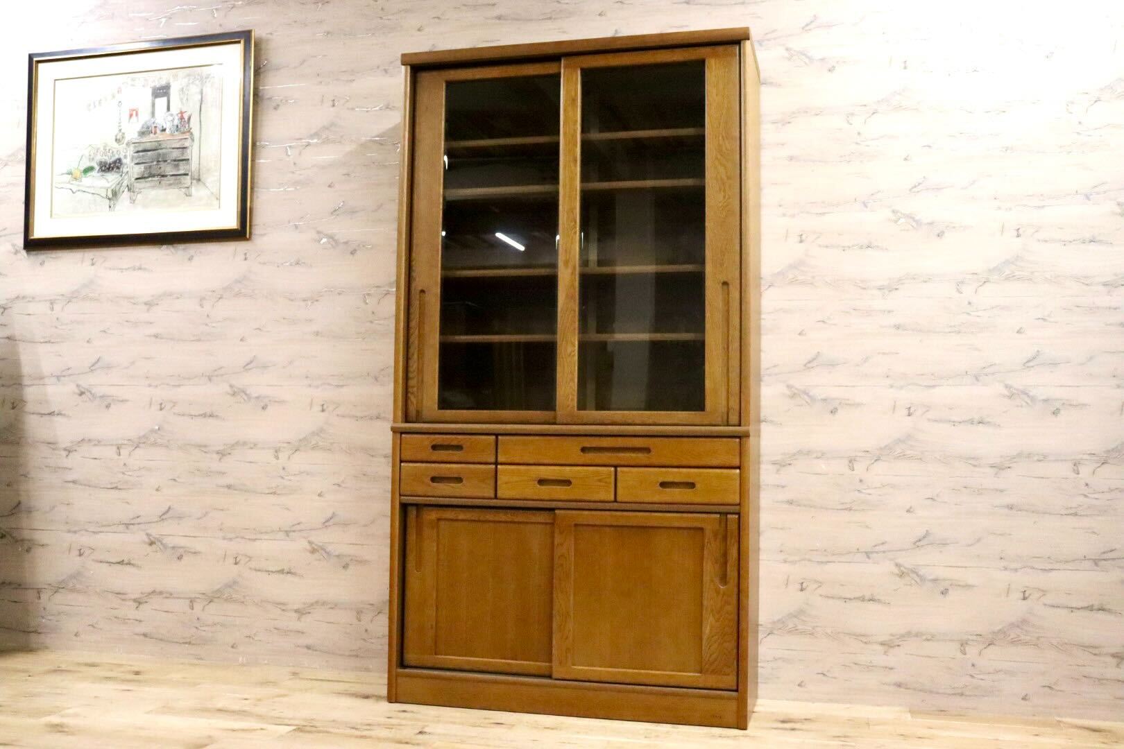 GMIS436○浜本工芸 / HAMAMOTO No.1800 食器棚 カップボード キッチンボード 楢材 無垢 ダークオーク 定価約28.3万 モデルルーム展示品