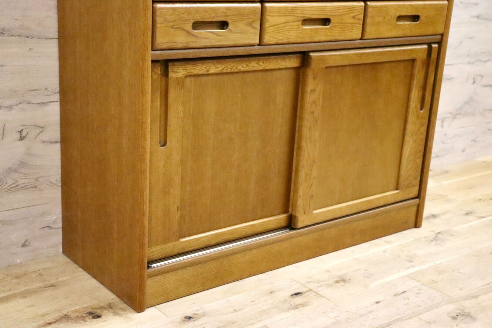 GMIS436○浜本工芸 / HAMAMOTO No.1800 食器棚 カップボード キッチンボード 楢材 無垢 ダークオーク 定価約28.3万 モデルルーム展示品