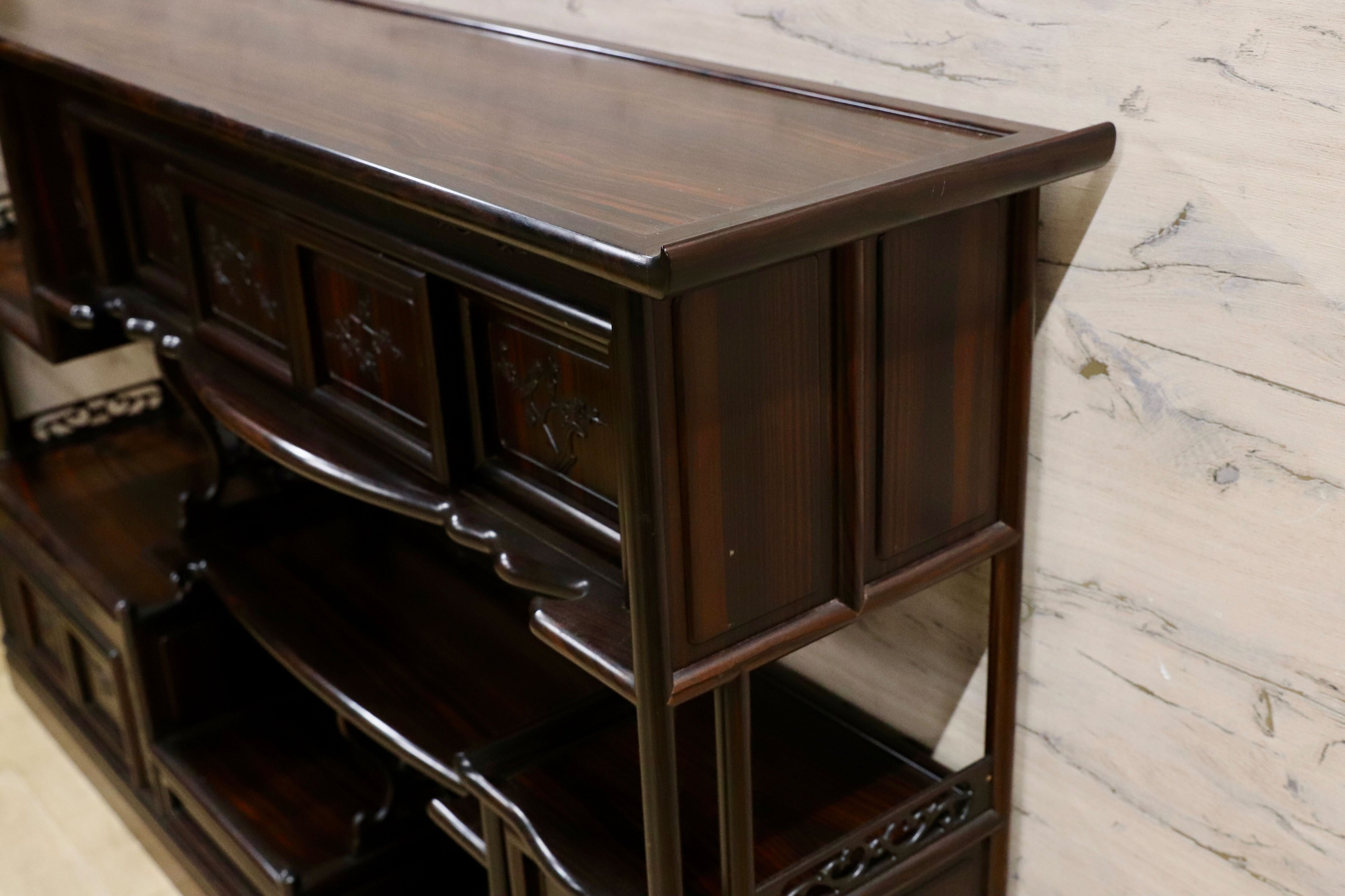 GMIH329○最高級 黒檀 茶棚 サイドボード リビングボード 飾り棚 キャビネット 和家具 レトロ 煎茶道具 違い棚 アンティーク 稀少 約250万