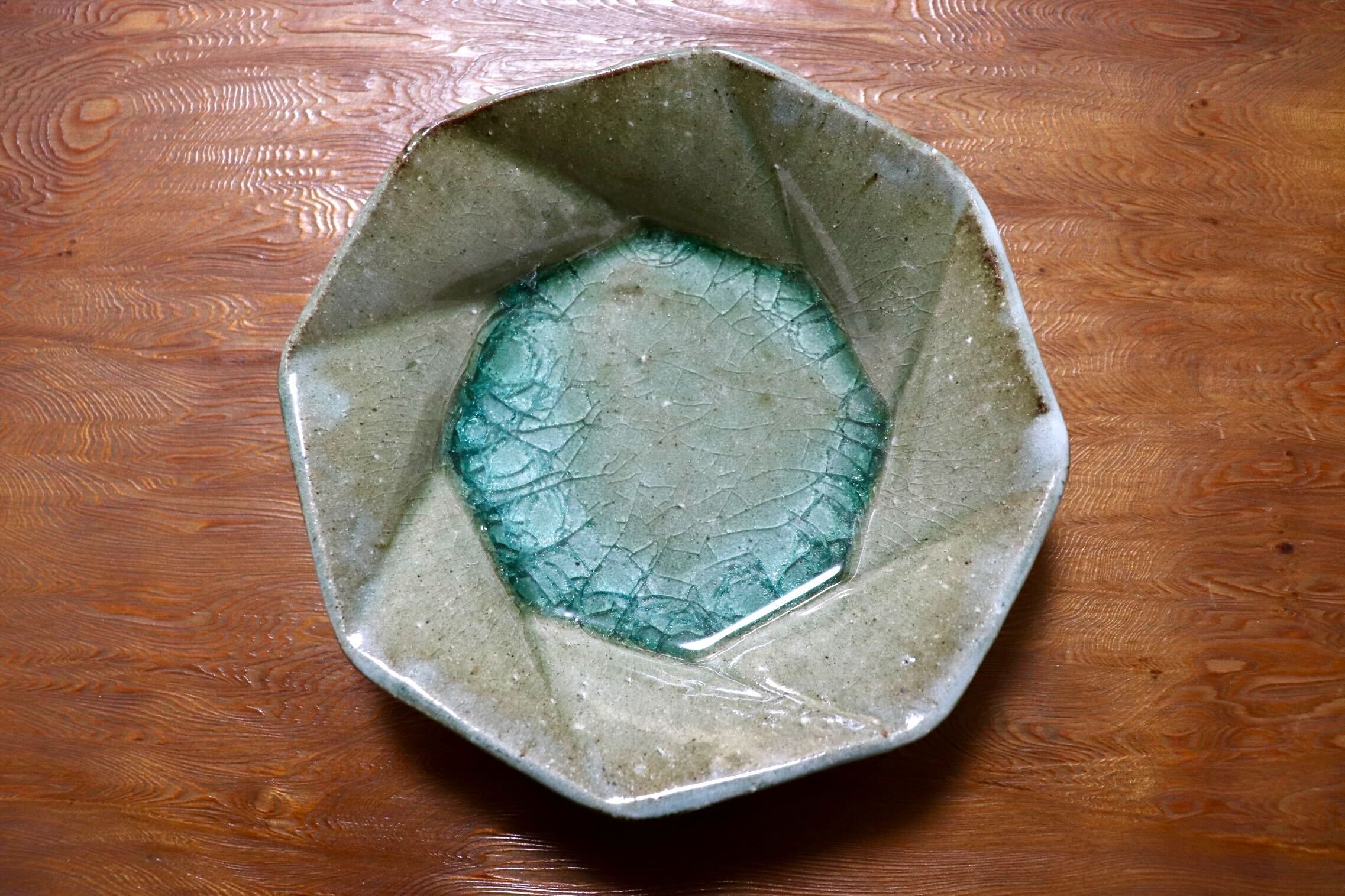 GMIO504A◯丹山窯 丹波焼 八角皿 緑 陶器 丹波篠山 伝統工芸 未使用