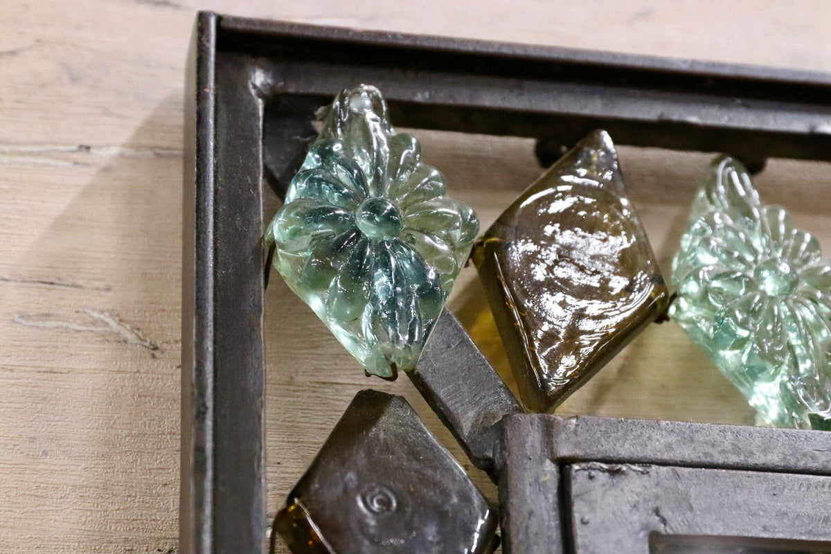 GMJK487○ヴィンテージ 大型ウォールミラー 装飾ガラス ステンドグラス調 アイアンフレーム 壁掛け鏡 姿見 アンティークスタイル 工芸品