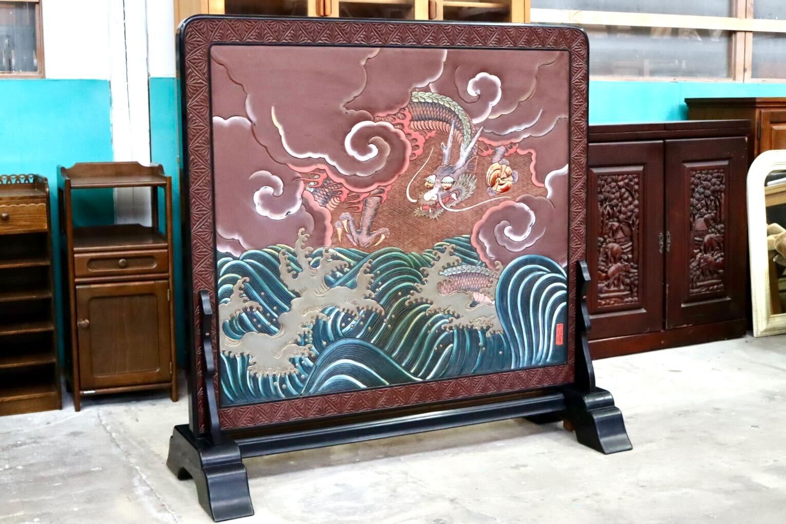 GMIH512○衝立 パーテーション オブジェ 飾り板 仕切り板 間仕切り 和家具 龍 孔雀 和モダン 和室 座敷 古民家 レトロ