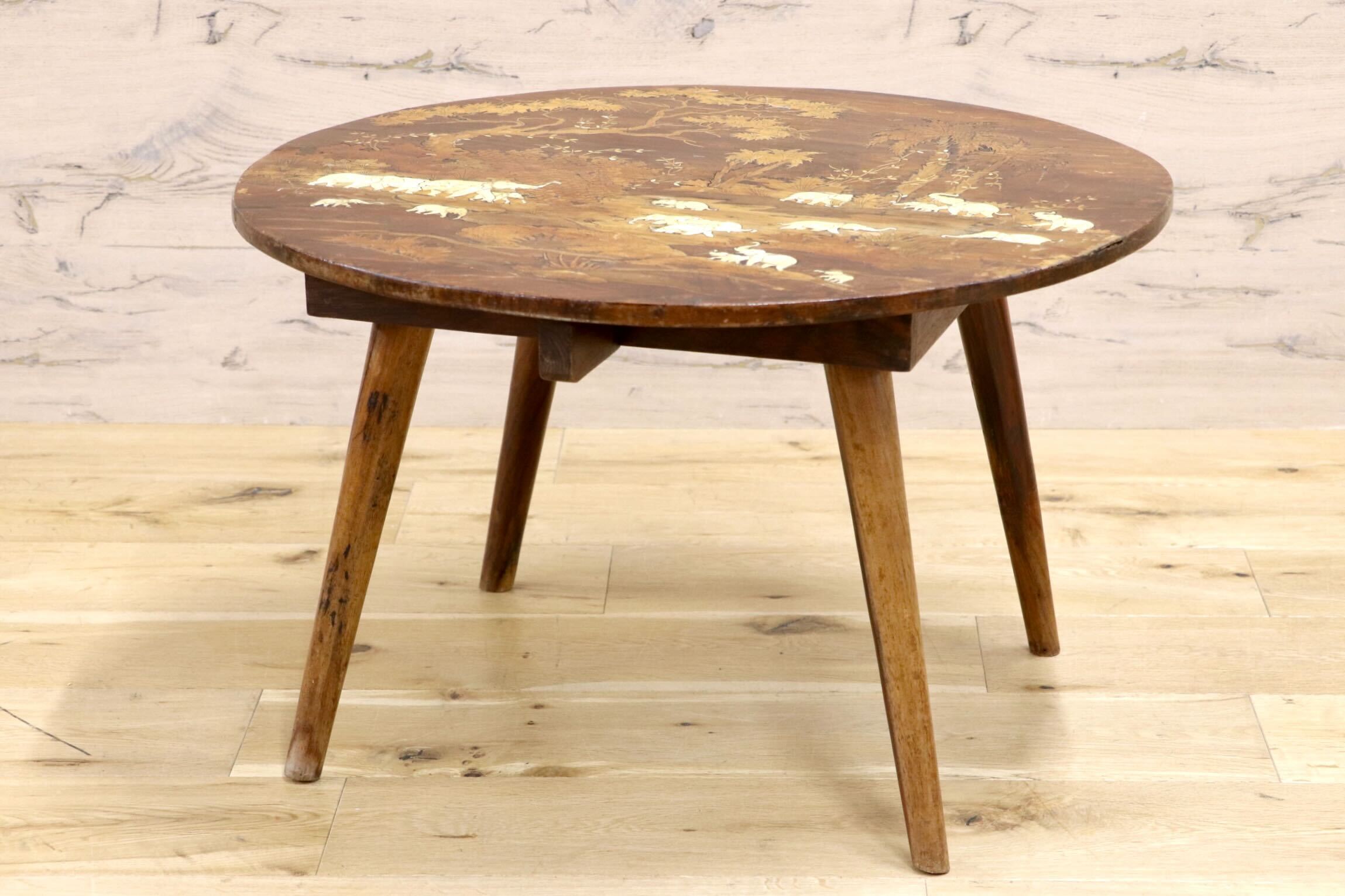 GMIK935○インド製 象嵌細工 アジアンアンティーク サイドテーブル コーヒーテーブル 木製 ヴィンテージ 丸型 彫刻 希少