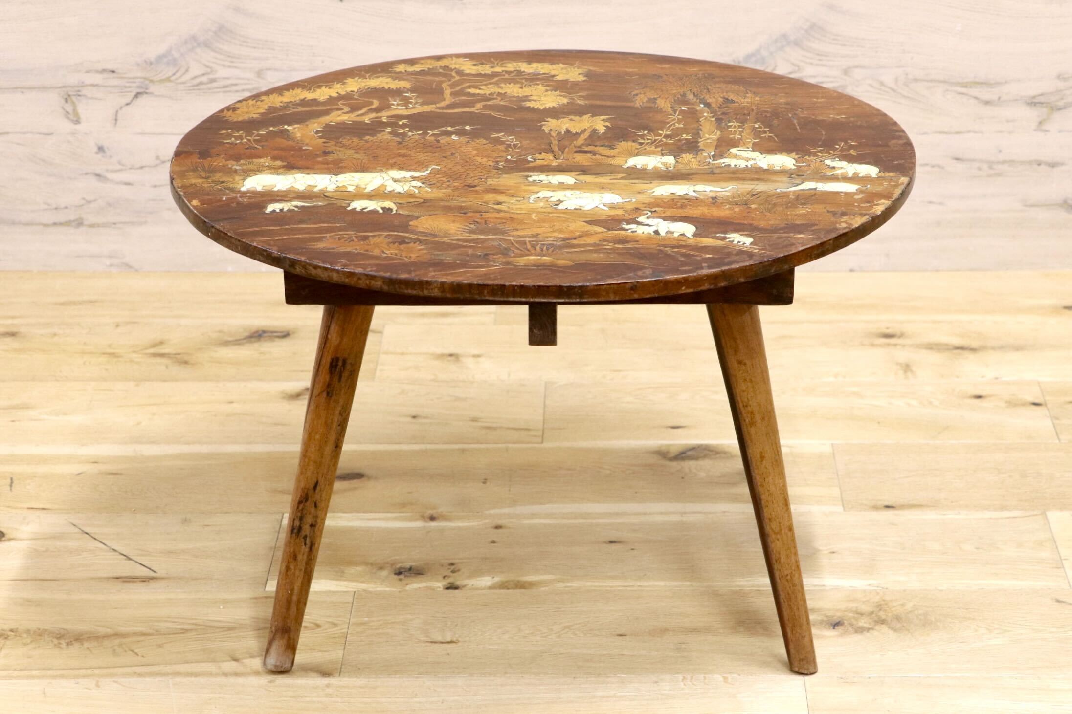 GMIK935○インド製 象嵌細工 アジアンアンティーク サイドテーブル コーヒーテーブル 木製 ヴィンテージ 丸型 彫刻 希少