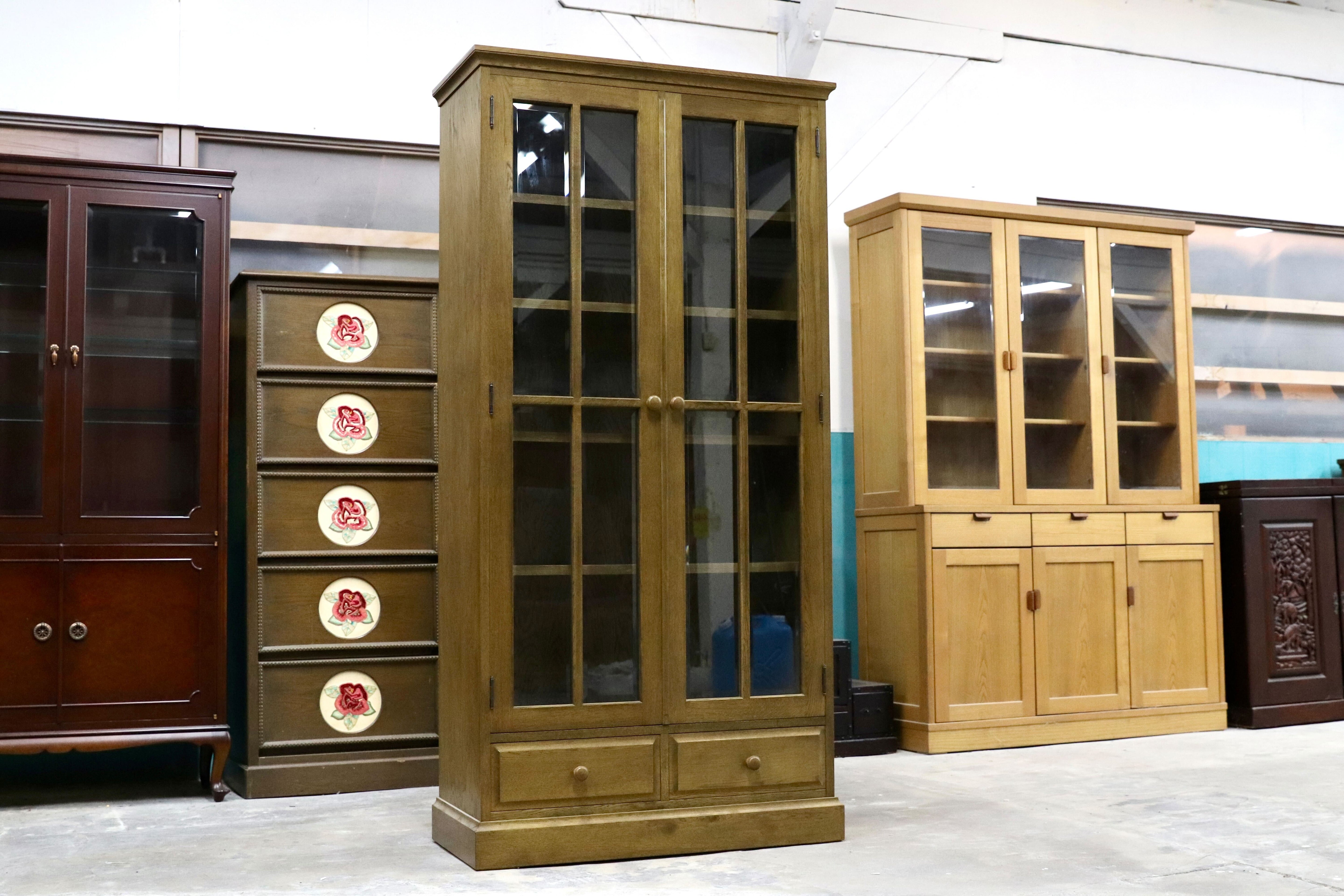 GMIS342○和光 楢材 ブックキャビネット ブックシェルフ 本棚 本箱 和家具 キャビネット 飾り棚 レトロ アンティーク調