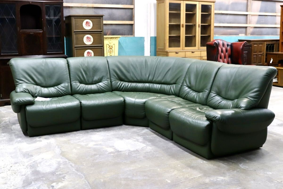 GMIH322○新象家具 コーナーソファ セパレートソファ 本革 緑 グリーン 応接椅子 長椅子 大分の老舗家具