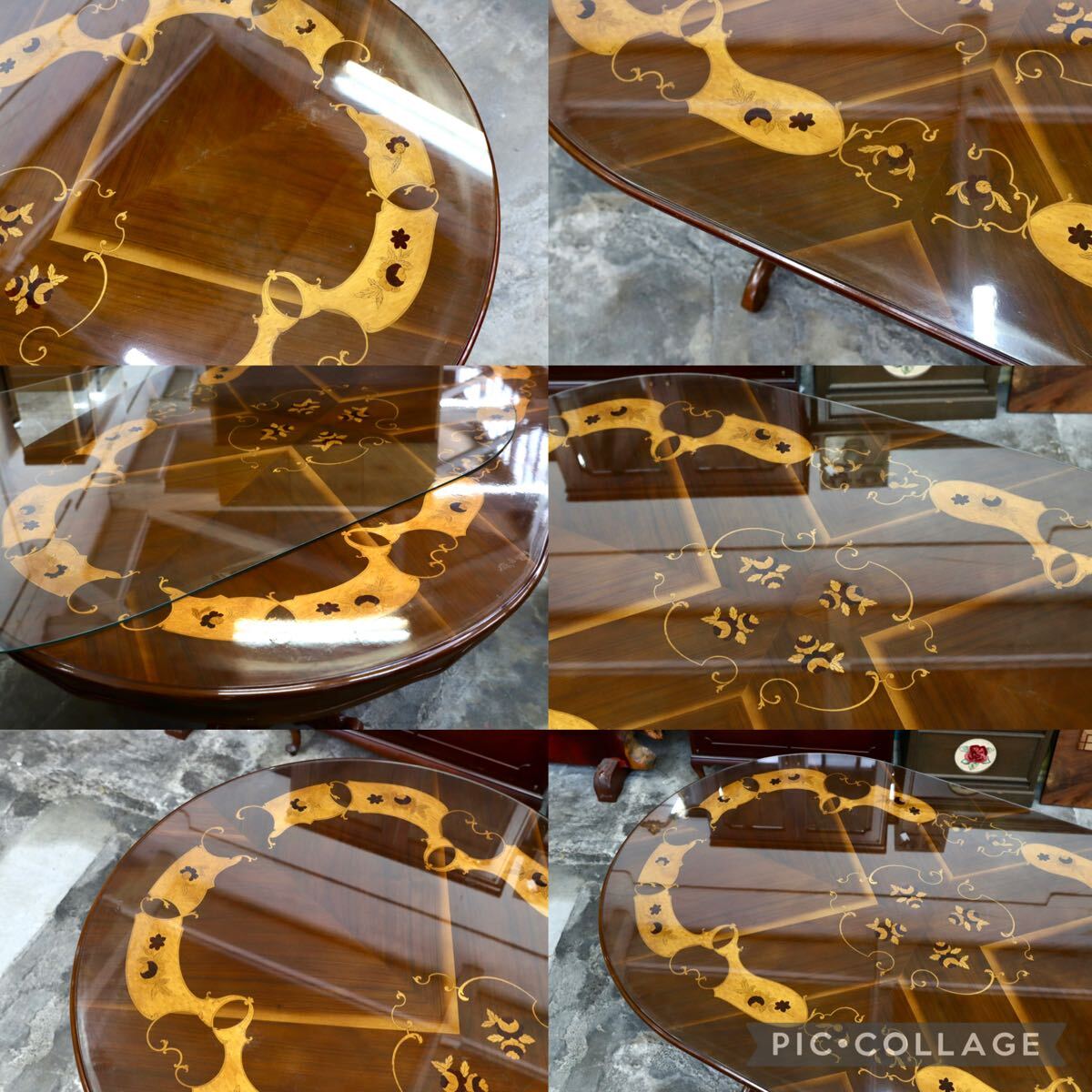 GMJH293○Morello Mobili / モレロ・モビリ ダイニングテーブル 象嵌細工 オーバル ガラストップ イタリア製 クラシック 約90万