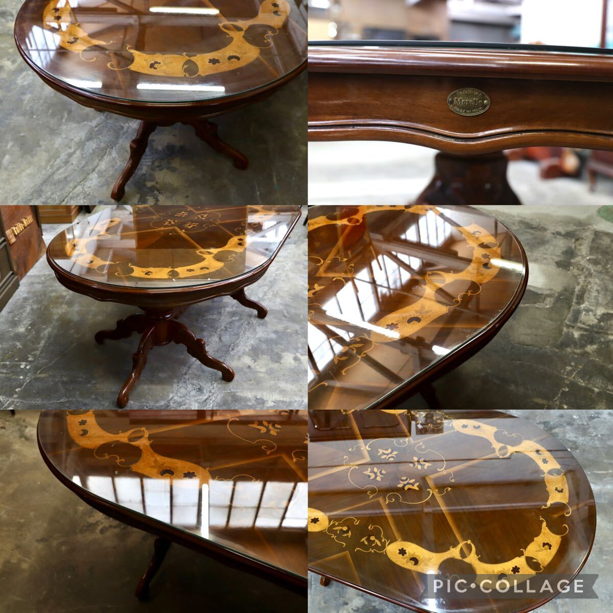 GMJH293○Morello Mobili / モレロ・モビリ ダイニングテーブル 象嵌細工 オーバル ガラストップ イタリア製 クラシック 約90万