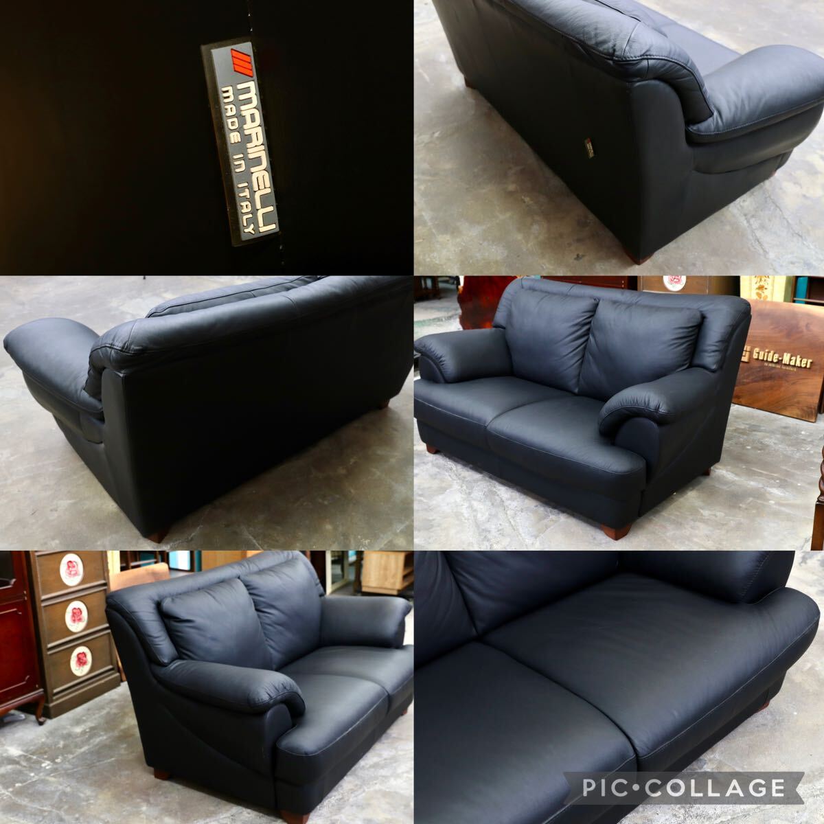 GMJK390○Marinelli / マリネリ 総本革 ラブソファ 2人掛けソファ ブラック イタリア製 モダン 高級レザーソファ 定価約70万 稀少
