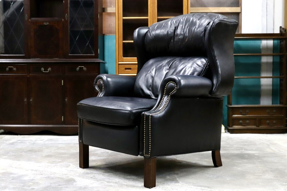 GMIK391○Jarrett Brothers / ジャレットブラザーズ DREXEL HERITAGE ドレクセル取扱い ウイングバックチェア 本革 黒 稀少 約45万