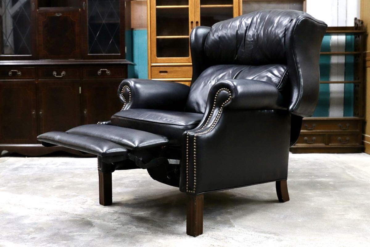 GMIK391○Jarrett Brothers / ジャレットブラザーズ DREXEL HERITAGE ドレクセル取扱い ウイングバックチェア 本革 黒 稀少 約45万
