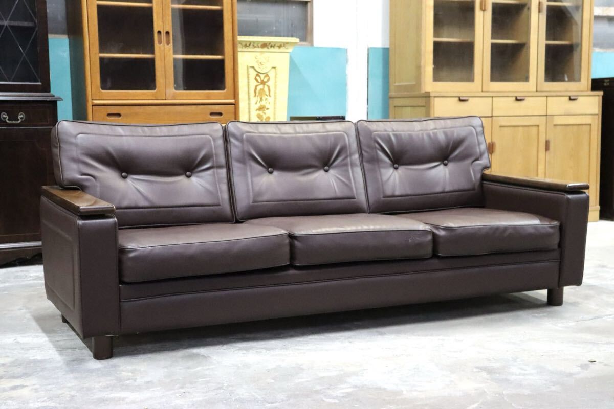 GMIH254○karimoku / カリモク US4553 3人掛けソファ トリプルソファ 長椅子 合皮 ブラウン 応接 国産家具