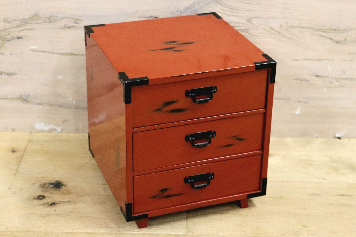 GMIH311C○島安汎工芸製作所 紀州根来塗 漆器塗 3段 小引き出し 小物入れ 小箪笥 チェスト 収納箱 薬箱 和家具 和風 昭和レトロ 美品
