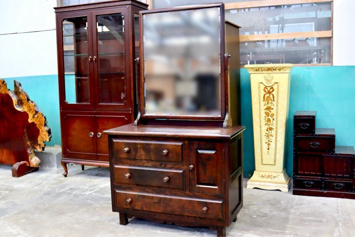 GMIH279○北海民芸家具 鏡台 化粧台 ドレッサー チェスト 整理箪笥 樺材 民藝 アンティーク 和家具 和モダン レトロ 古民家 国産家具