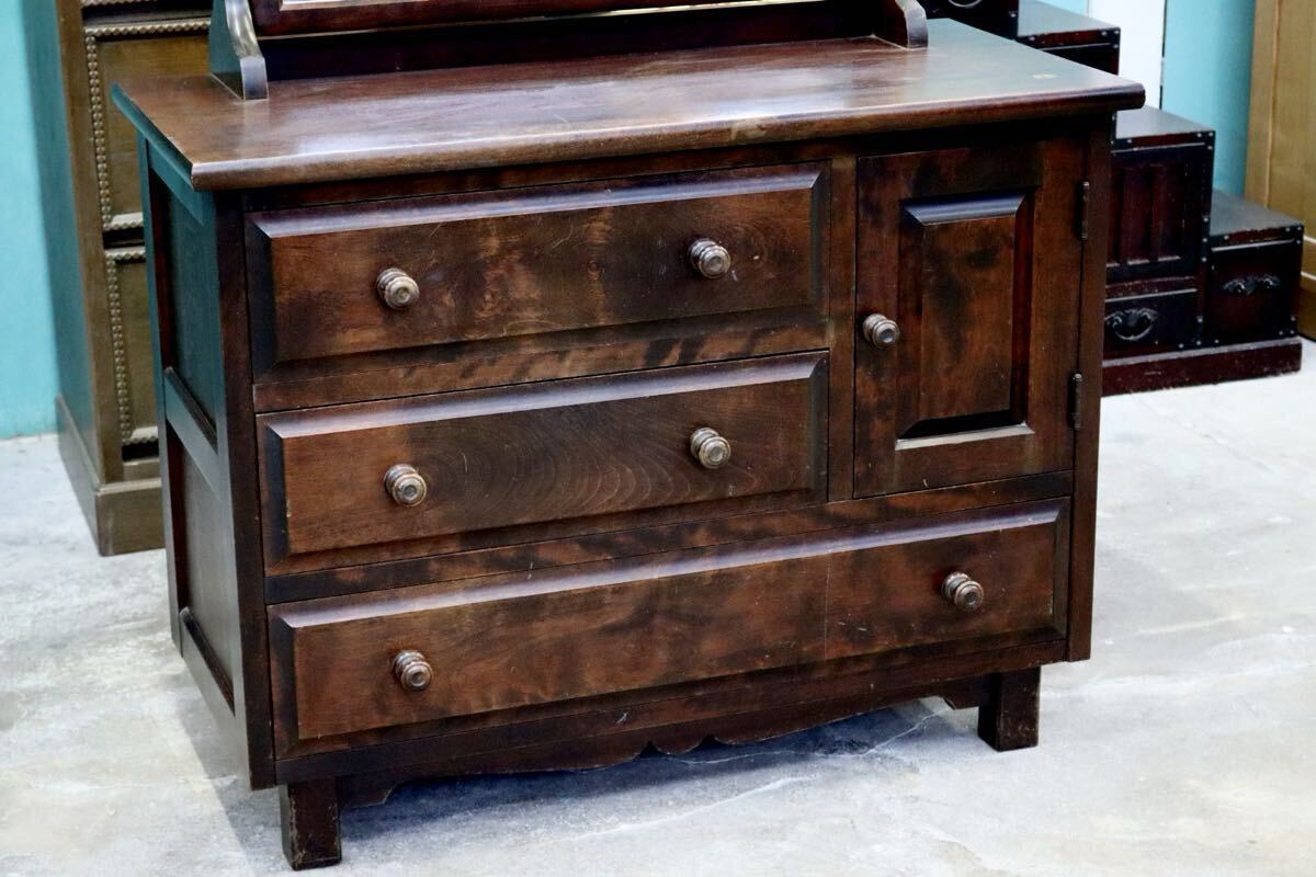 GMIH279○北海民芸家具 鏡台 化粧台 ドレッサー チェスト 整理箪笥 樺材 民藝 アンティーク 和家具 和モダン レトロ 古民家 国産家具