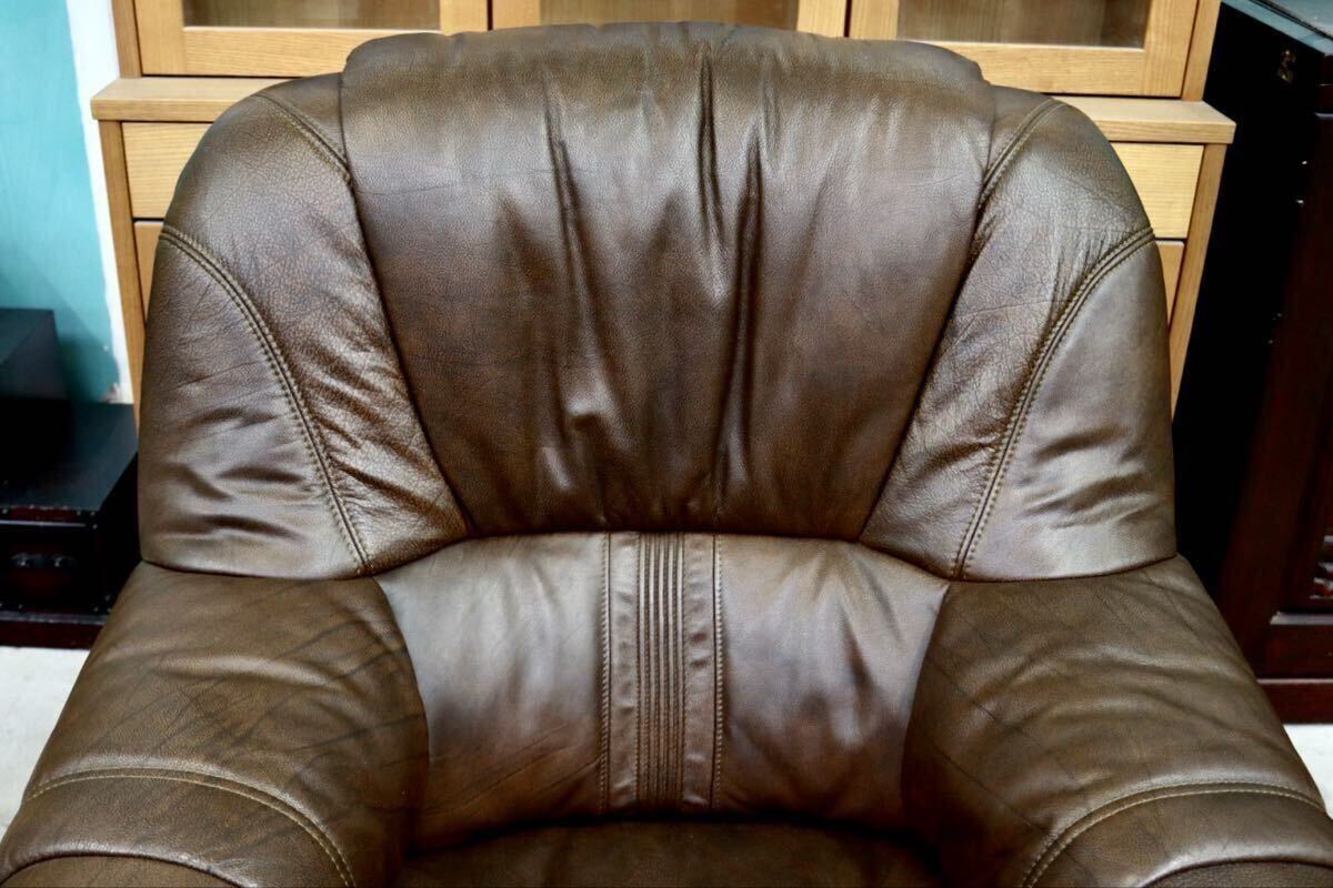 GMIK647○オランダ製 ダッチカントリー 1人掛けソファ シングルソファ オーク材 本革 応接 リビング ブラウン ヴィンテージ 約35万