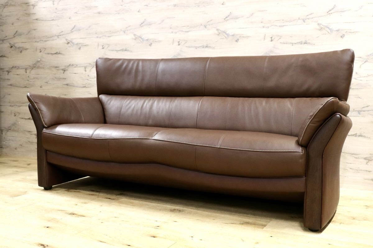 GMIS346○karimoku / カリモク ZT15シリーズ 長椅子 3人掛けソファ トリプルソファ ブラウン 本革 レザー 国産家具 定価約23.2万