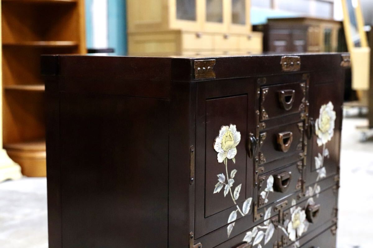 GMIS390A○唐木 花梨 鉄刀木 螺鈿細工 中国美術 最高級 車箪笥 ミニ箪笥 チェスト サイドボード アンティーク 小物入れ