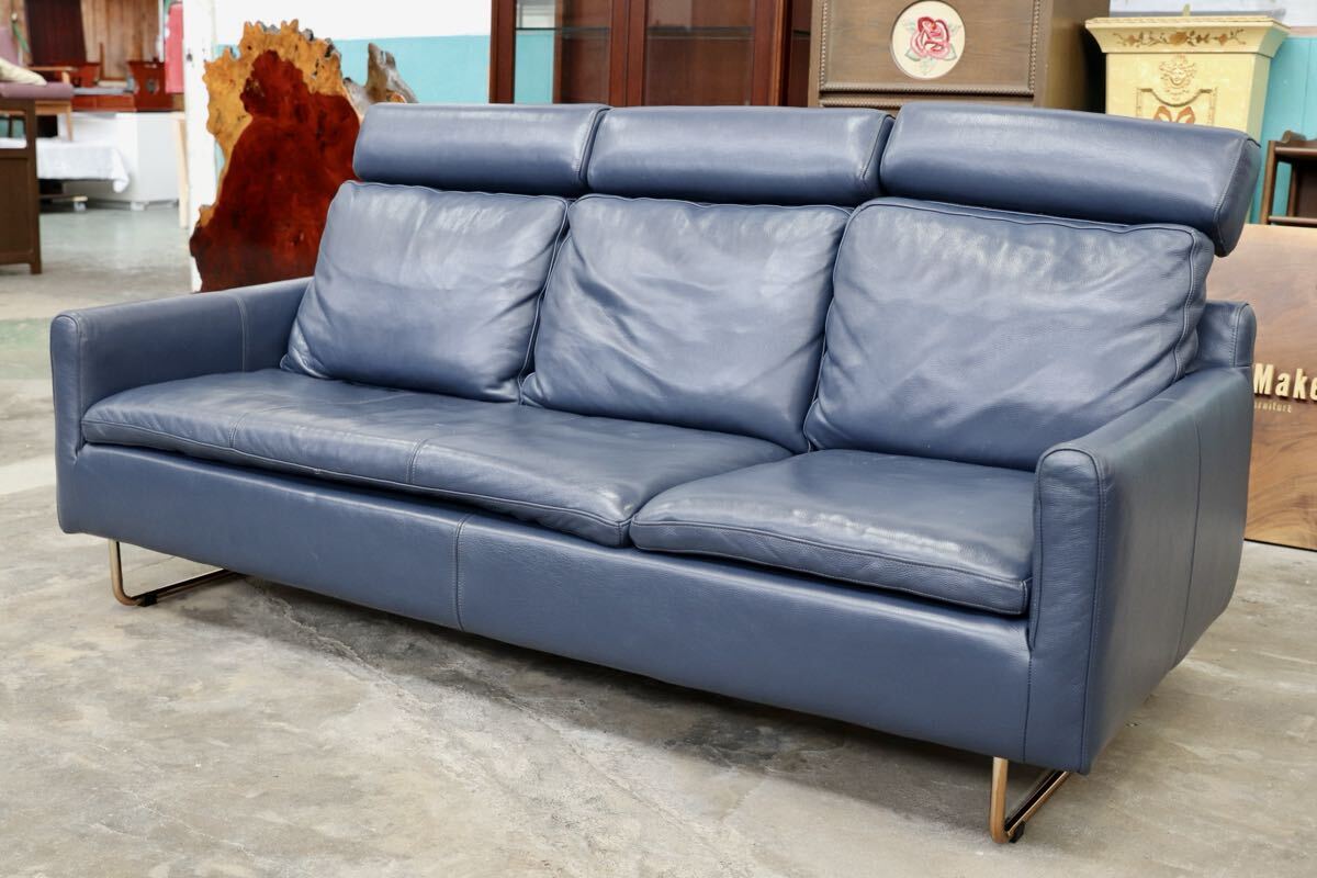 GMJS168○LIVING HOUSE / リビングハウス NOVA 3人掛けソファ 総本革 ブルー ハイバック ヘッドレスト モダン 定価約28.6万円