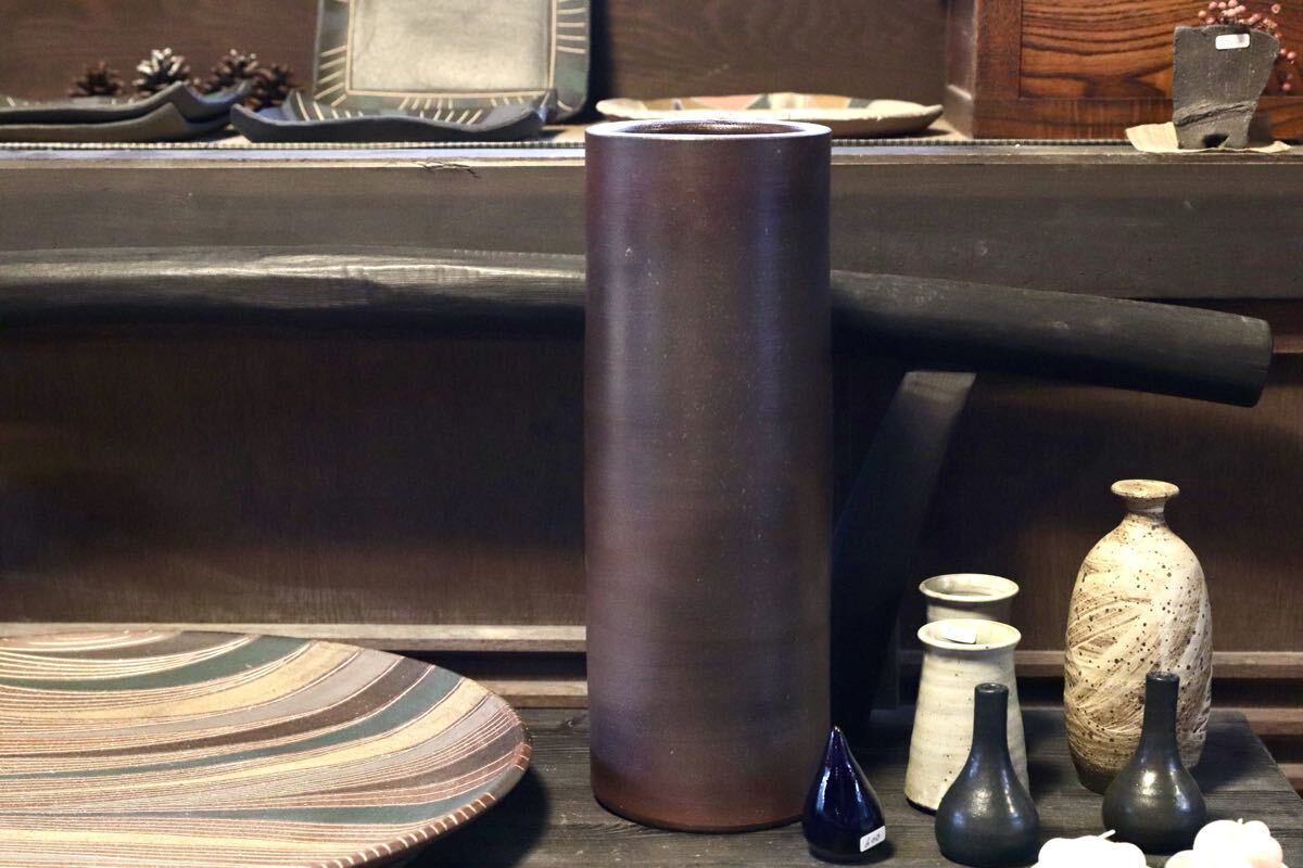 GMJI33○市野哲次 悟窯 丹波焼 大型筒形花器 花入 花瓶 大型花瓶 長筒 現代陶芸 作家物 オブジェ 和モダン