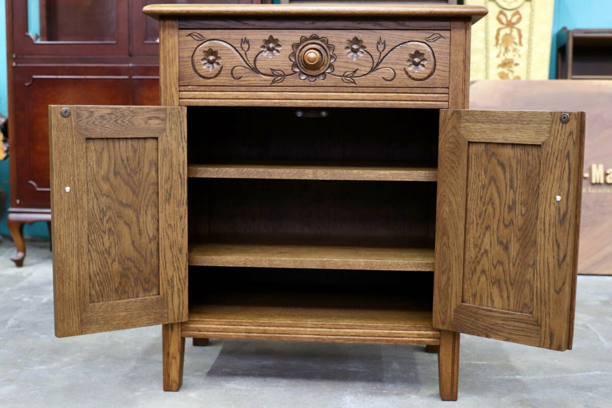GMJS249○勇峰工芸 雅 花柄キャビネット 道産ナラ材 旭川家具 サイドキャビネット 電話台 花台 北海道民芸 国産家具 飾り棚 定価約12.8万