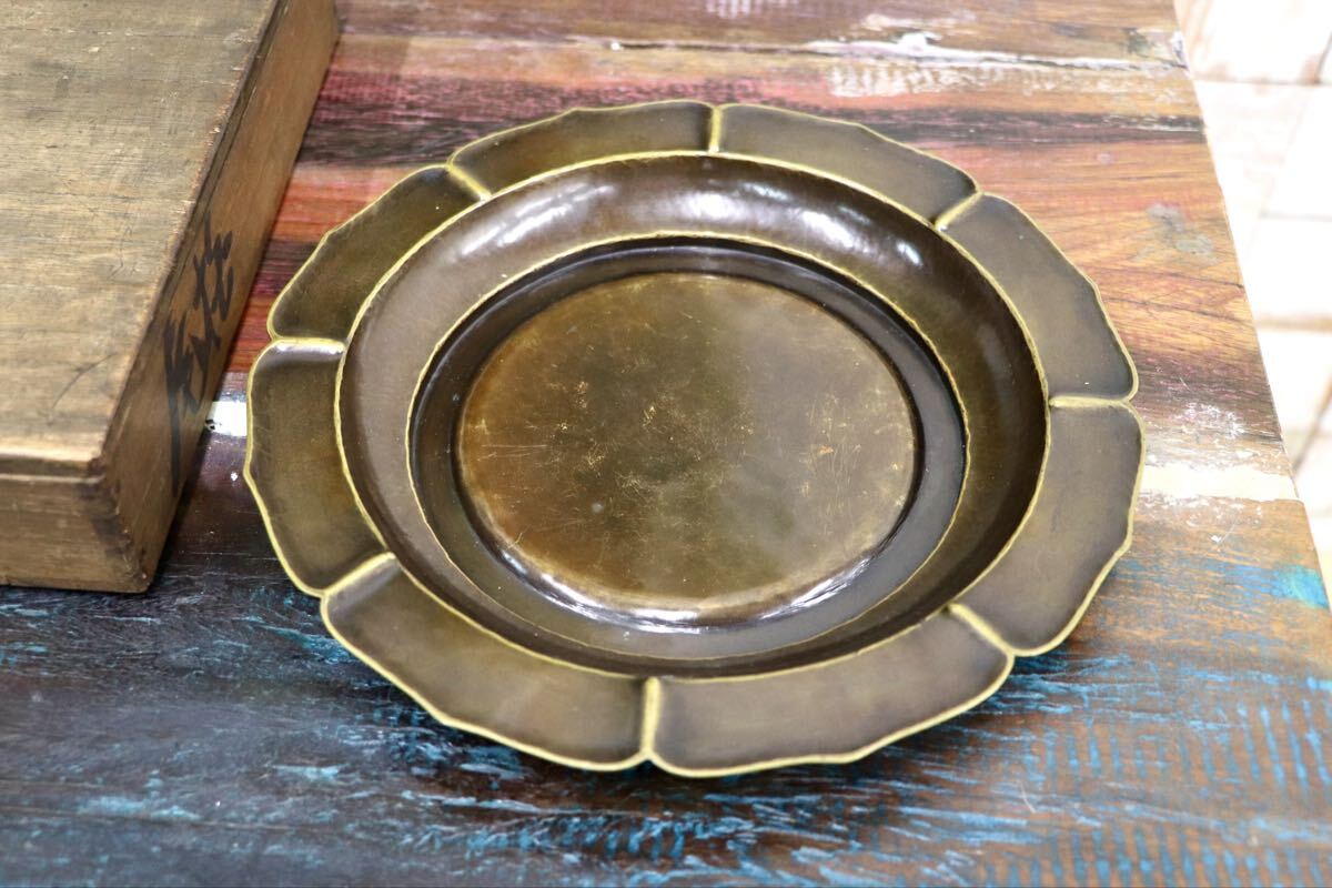 GMJS337A〇金谷五郎三郎造 銅器 菓子皿 輪花形 茶道具 共箱 金工 骨董品 アンティーク