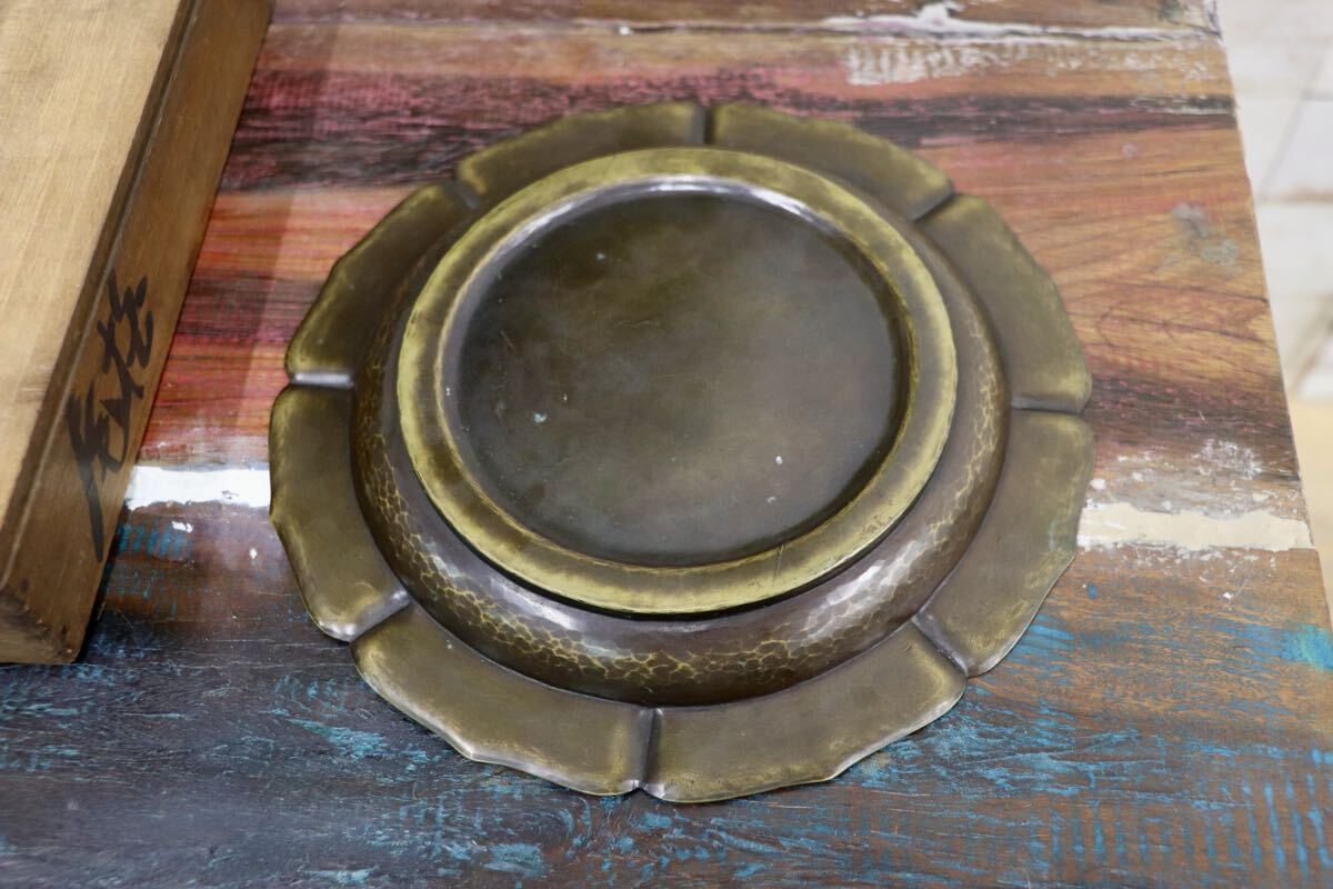GMJS337A〇金谷五郎三郎造 銅器 菓子皿 輪花形 茶道具 共箱 金工 骨董品 アンティーク