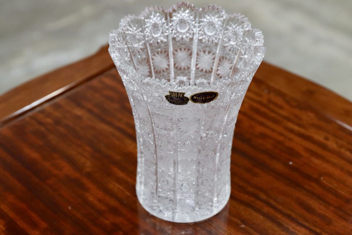 GMJH414C○BOHEMIA GLASS / ボヘミアガラス 500PK クリスタルガラス花瓶 ハンドカット フラワーベース 花器 旧チェコスロバキア製