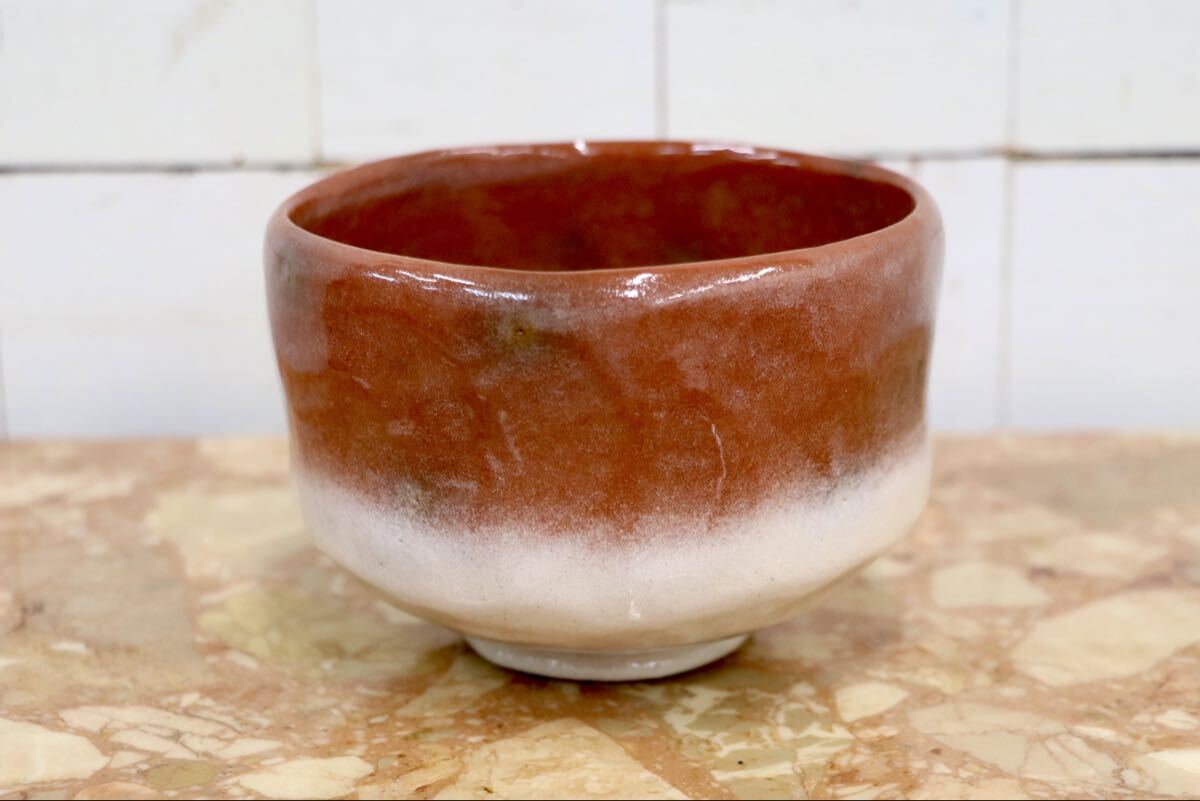 GMJK371AI〇紀州焼 葵窯 二代 寒川栖豊 赤茶 茶碗 共箱 茶道具
