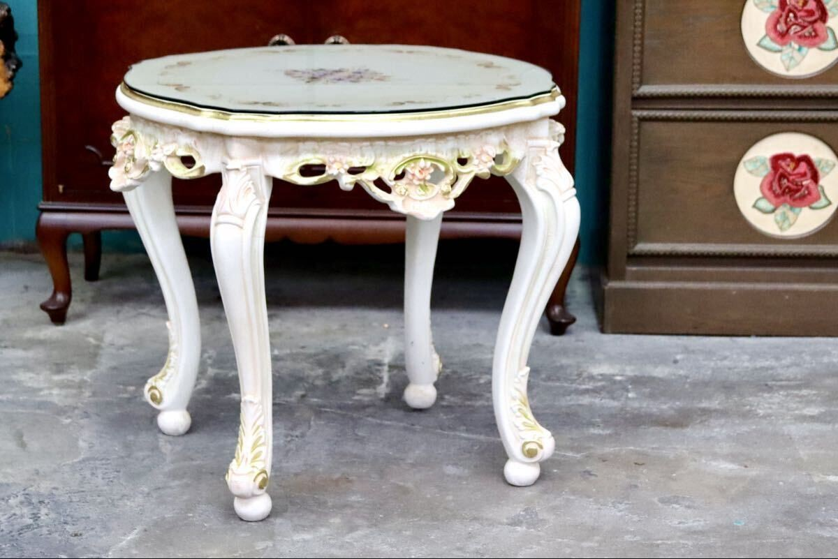 GMIS418F○サイドテーブル コーヒーテーブル 飾り台 花台 猫脚 ヨーロピアン ロココ調 アンティーク エレガント 花柄