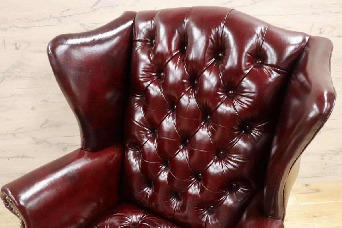 GMGO1○西洋 イギリス アンティーク チェスターフィールド 1人掛けソファ ラウンジチェア ウィングバックチェア 本革 臙脂色 鋲打 本物