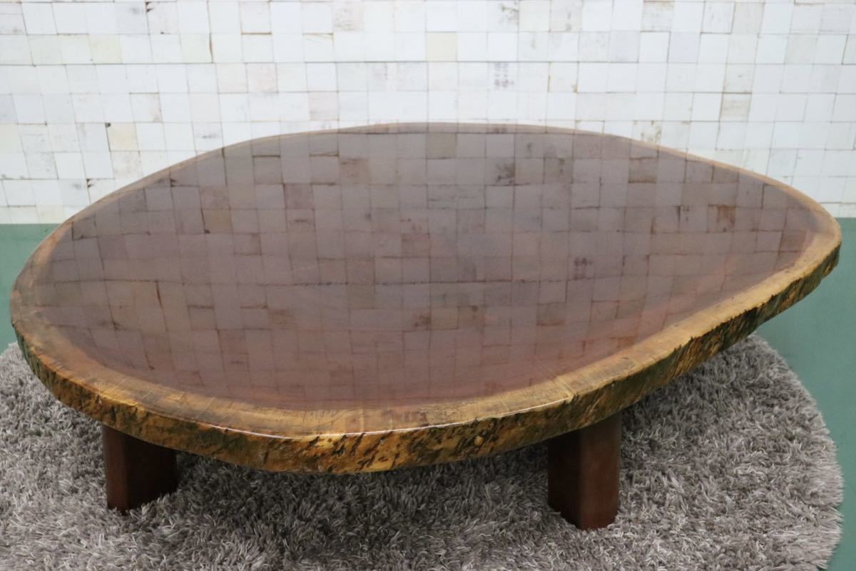 HOT人気古家具アンティーク◾️木製無垢材 一枚板天板 丸ちゃぶ台 / ローテーブル C 家具