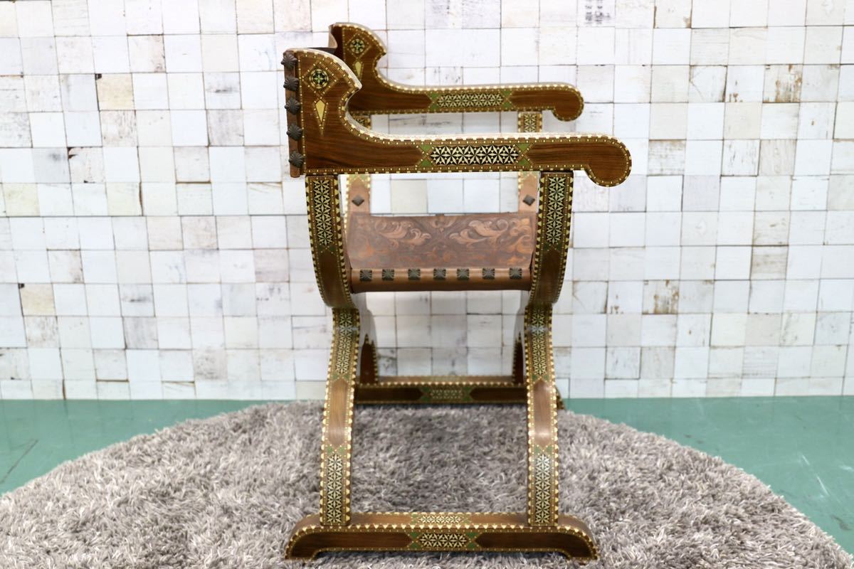 GMFT261○ルネサンス様式 ダンテスカチェア スペイン イタリア アンティーク 椅子 オブジェ 革張り