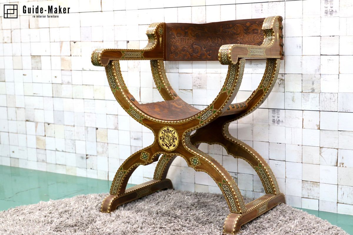 GMFT261○ルネサンス様式 ダンテスカチェア スペイン イタリア アンティーク 椅子 オブジェ 革張り