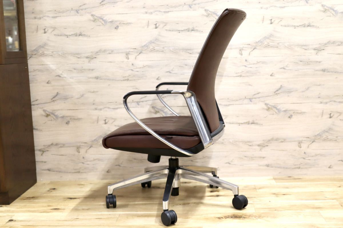 GMFK839○ITOKI / イトーキ デスクチェア 作業椅子 オフィスチェア 書斎椅子 昇降椅子 本革 ブラウン 美品
