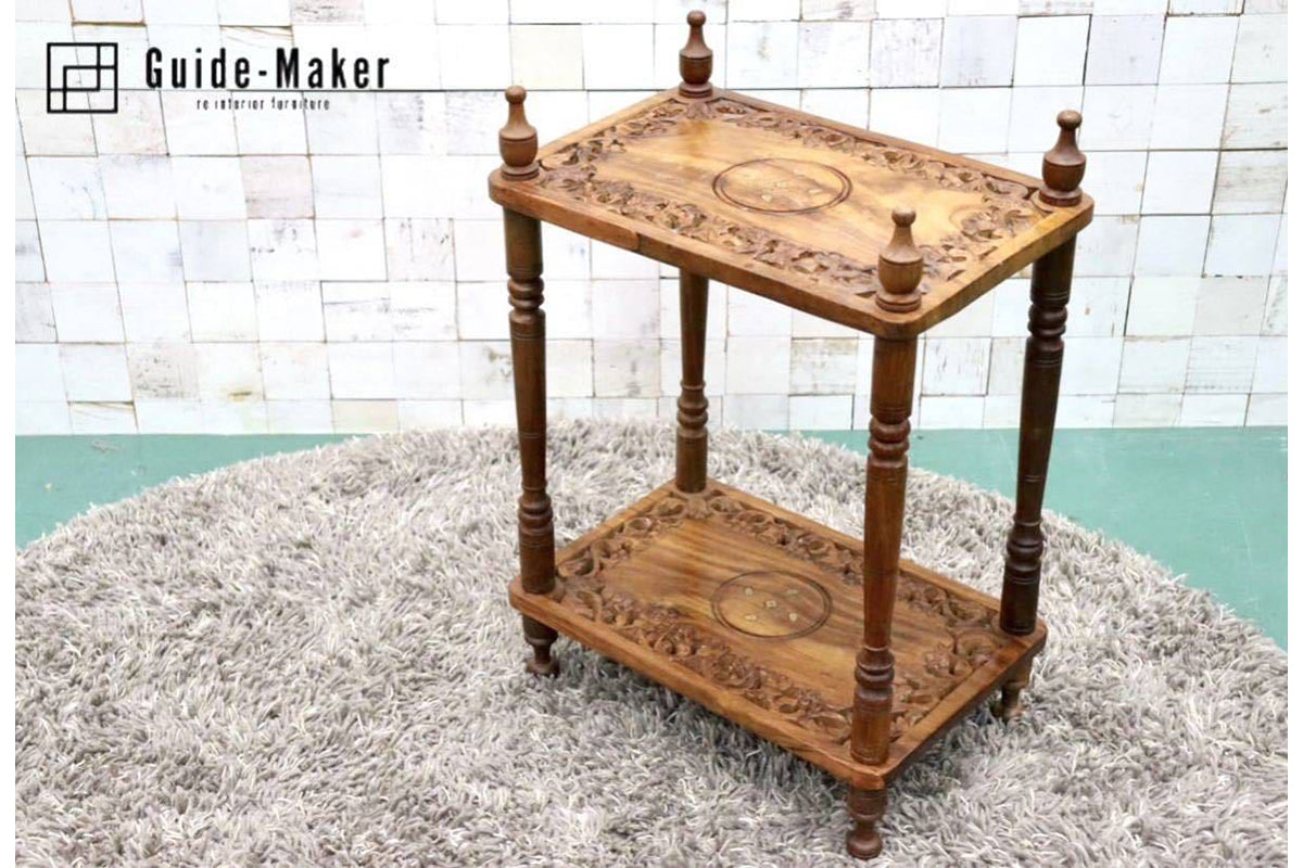 GMFS294○インド製 サイドテーブル ナイトテーブル 飾り台 花台 シェルフ 彫刻 レリーフ 輸入家具 アンティーク アジアン モダン 展示品